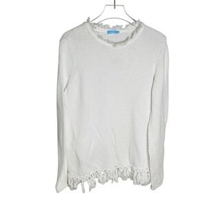 J. McLaughlin white open knit M Medium sweater 100% cotton‎ white fringe tassel